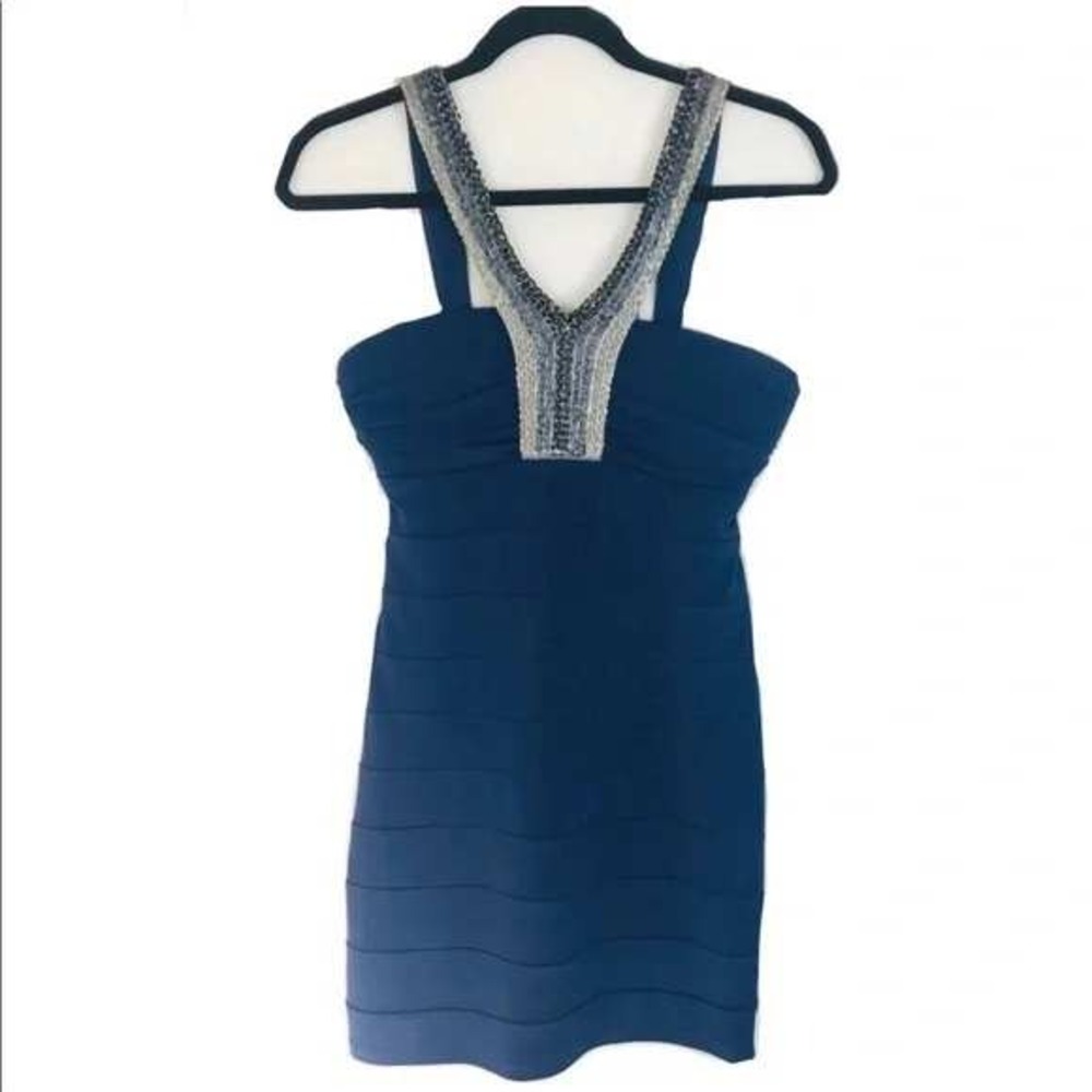 Navy‎ Blue Beaded V Neck Bodycon Dress Size Medium
